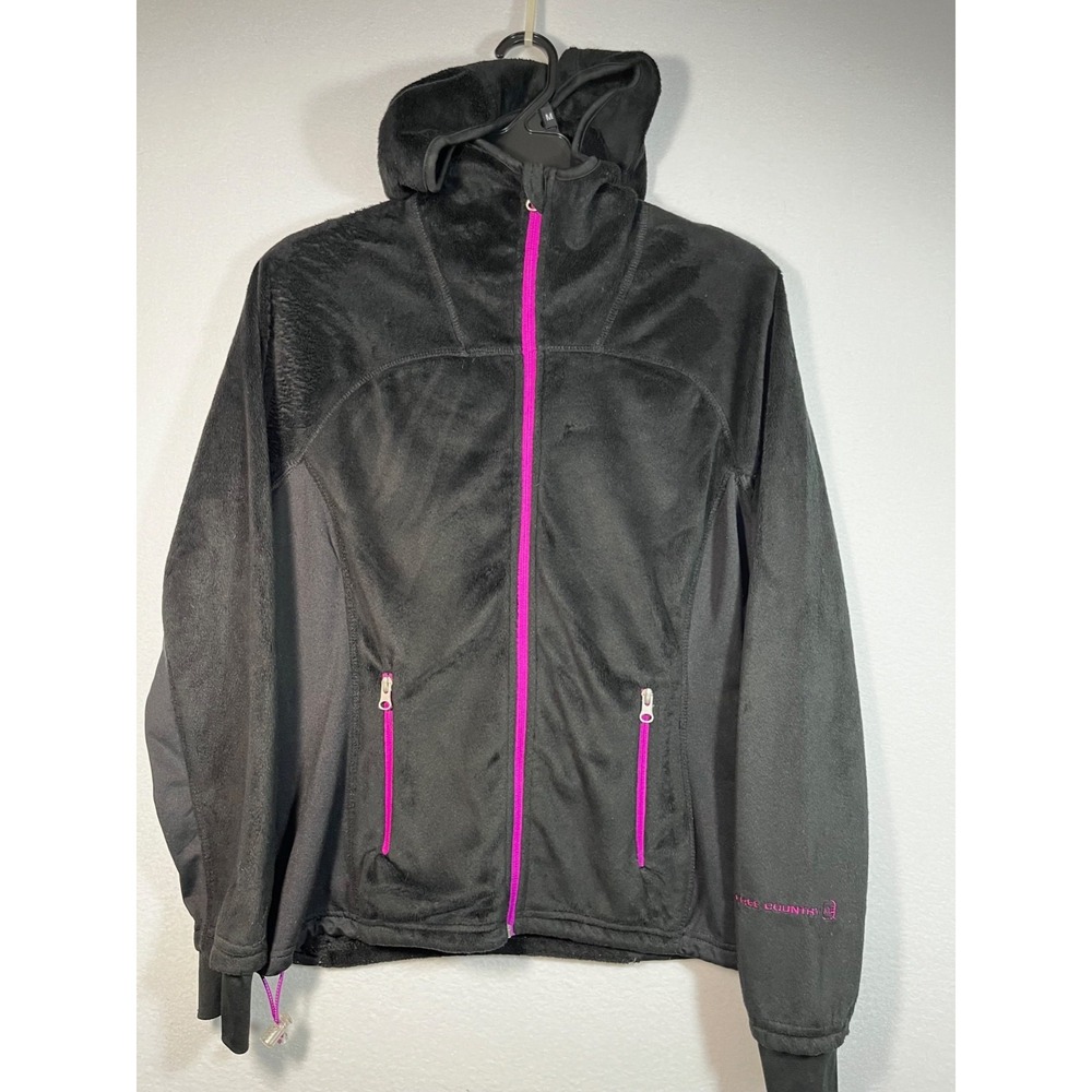 Free Country Jacket Womens SMALL Black Pink Zip Up Fleece Coat Zip Pockets Hood